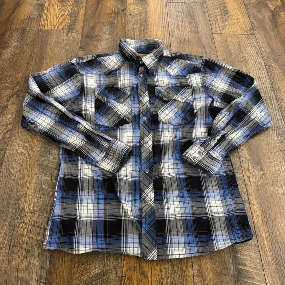 Wrangler Retro Western Shirt Boys XL 14-16 Blue Black Plaid Snap Pockets Cotton